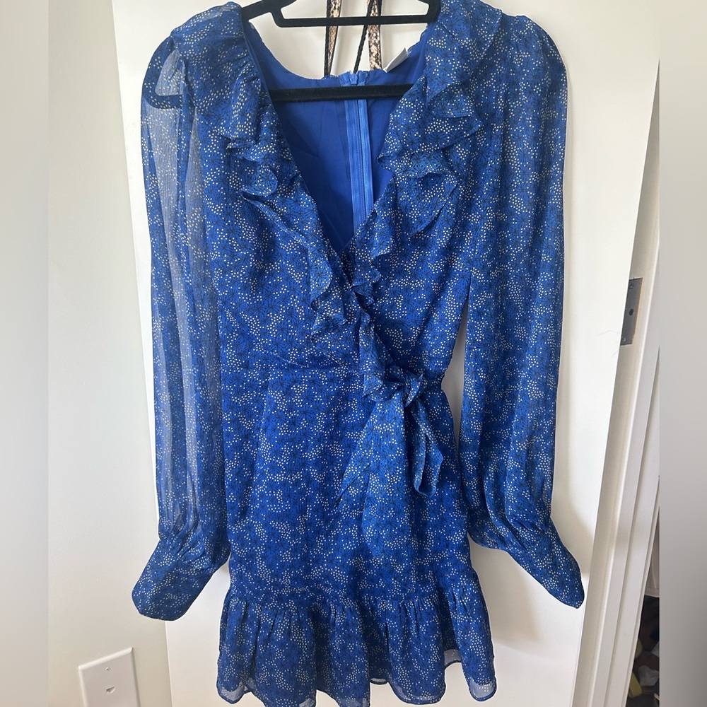 Hello Molly long sleeved chiffon mini dress ruffle trim and tie front size s